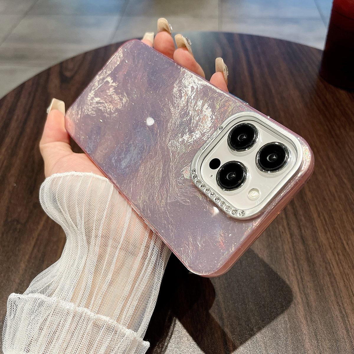 ELECTROPRIME For iPhone 15 Tinfoil Texture Diamond Lens Frame IMD Acrylic Phone Case(Pink)