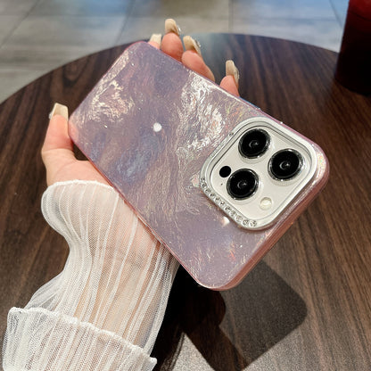 ELECTROPRIME For iPhone 15 Tinfoil Texture Diamond Lens Frame IMD Acrylic Phone Case(Pink)