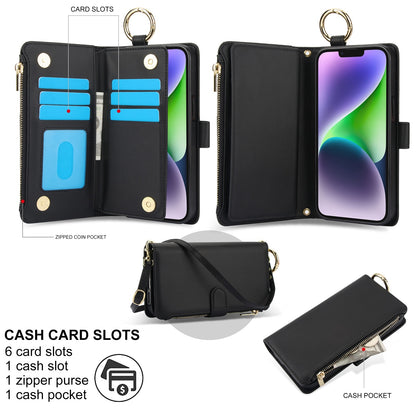 ELECTROPRIME For iPhone 15 Plus Crossbody Ring Multifunctional Wallet Leather Phone Case(Black)