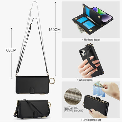 ELECTROPRIME For iPhone 15 Plus Crossbody Ring Multifunctional Wallet Leather Phone Case(Black)