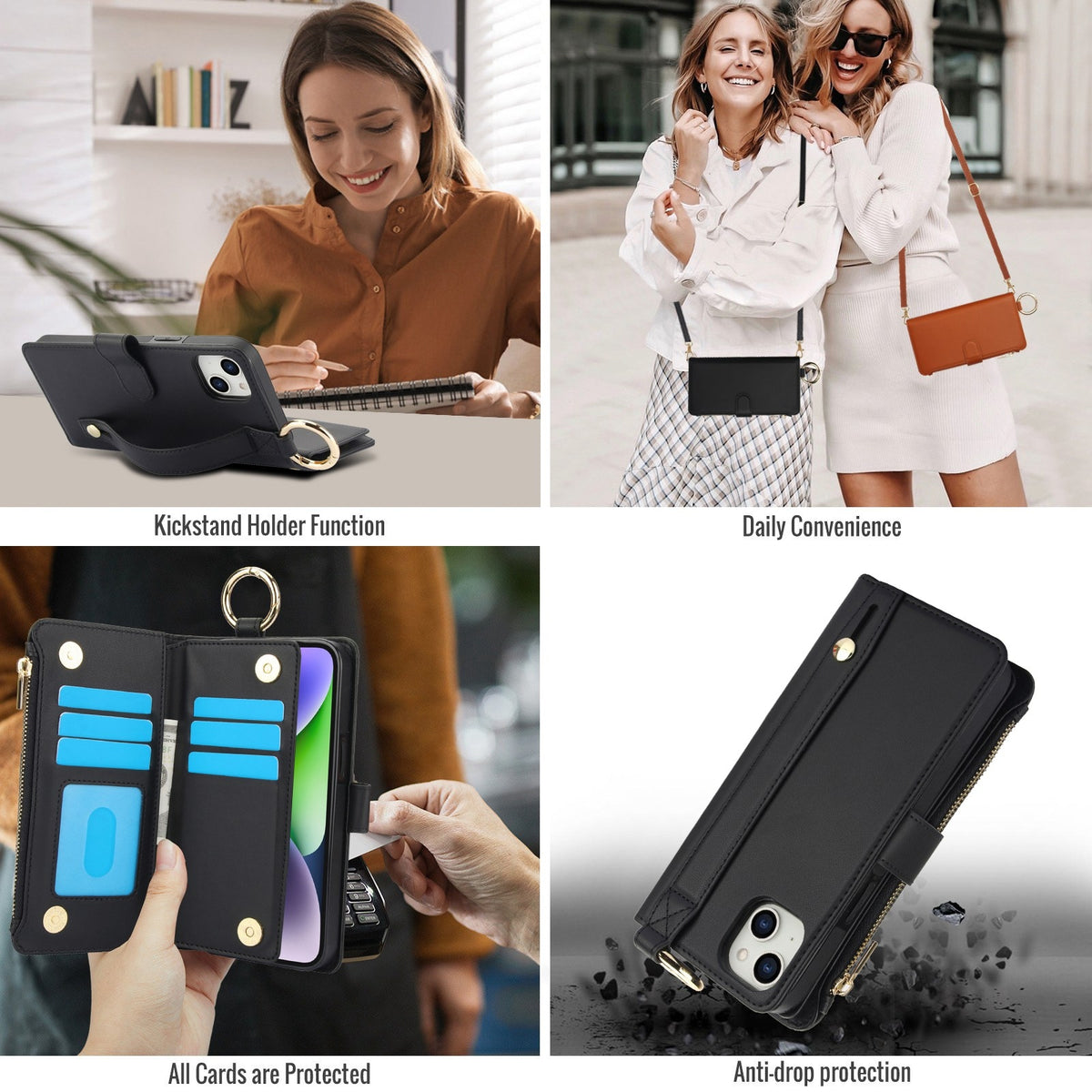 ELECTROPRIME For iPhone 15 Plus Crossbody Ring Multifunctional Wallet Leather Phone Case(Black)