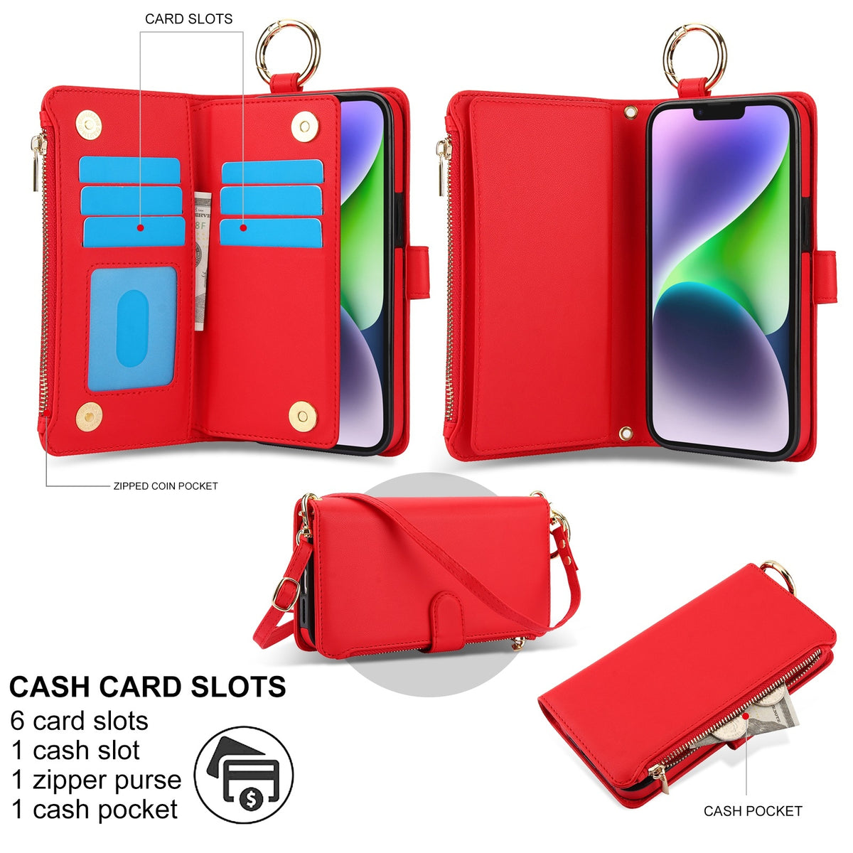 ELECTROPRIME For iPhone 15 Crossbody Ring Multifunctional Wallet Leather Phone Case(Red)