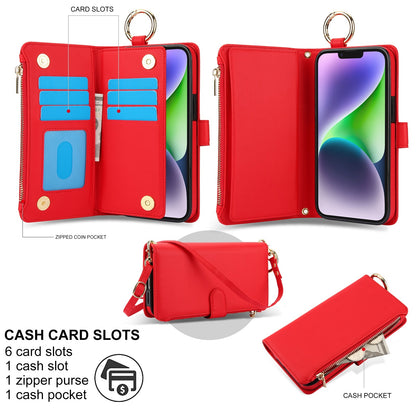 ELECTROPRIME For iPhone 15 Crossbody Ring Multifunctional Wallet Leather Phone Case(Red)