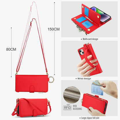 ELECTROPRIME For iPhone 15 Crossbody Ring Multifunctional Wallet Leather Phone Case(Red)
