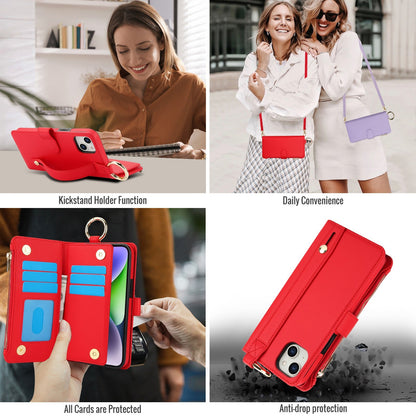 ELECTROPRIME For iPhone 15 Crossbody Ring Multifunctional Wallet Leather Phone Case(Red)