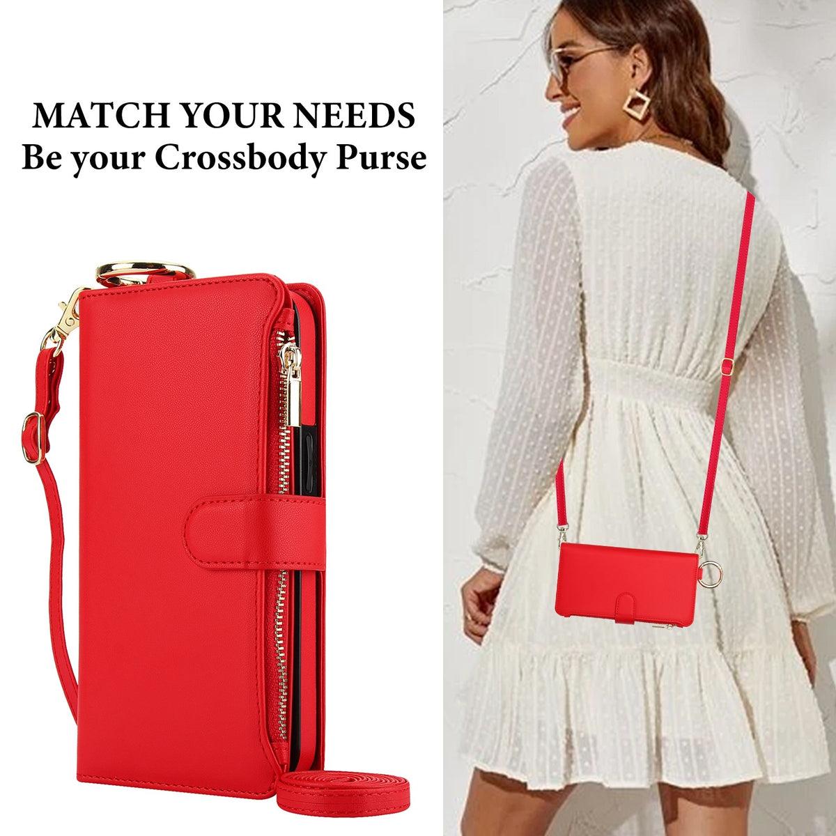 ELECTROPRIME For iPhone 15 Crossbody Ring Multifunctional Wallet Leather Phone Case(Red)