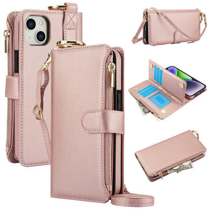 ELECTROPRIME For iPhone 15 Crossbody Ring Multifunctional Wallet Leather Phone Case(Rose Gold)