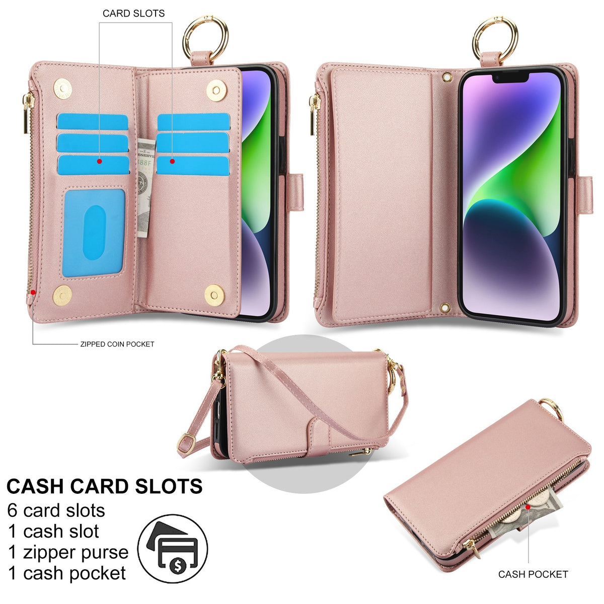 ELECTROPRIME For iPhone 15 Crossbody Ring Multifunctional Wallet Leather Phone Case(Rose Gold)