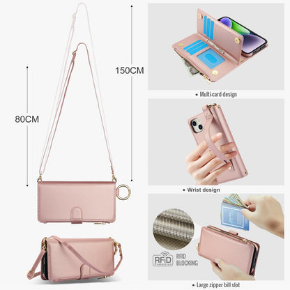 ELECTROPRIME For iPhone 15 Crossbody Ring Multifunctional Wallet Leather Phone Case(Rose Gold)