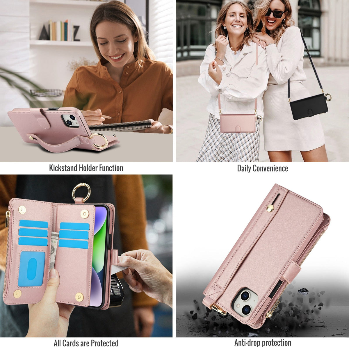 ELECTROPRIME For iPhone 15 Crossbody Ring Multifunctional Wallet Leather Phone Case(Rose Gold)