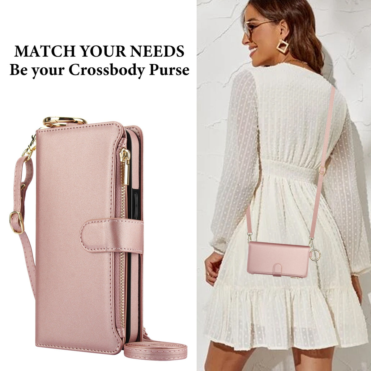 ELECTROPRIME For iPhone 15 Crossbody Ring Multifunctional Wallet Leather Phone Case(Rose Gold)
