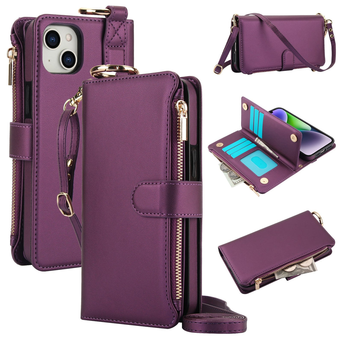 ELECTROPRIME For iPhone 15 Crossbody Ring Multifunctional Wallet Leather Phone Case(Dark Purple)