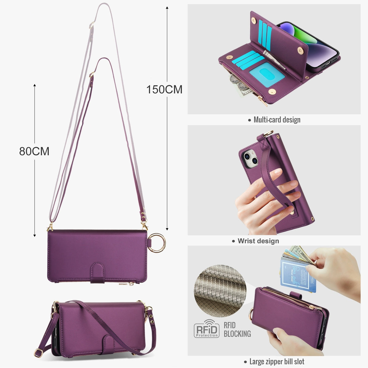 ELECTROPRIME For iPhone 15 Crossbody Ring Multifunctional Wallet Leather Phone Case(Dark Purple)