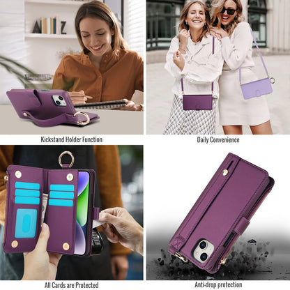ELECTROPRIME For iPhone 15 Crossbody Ring Multifunctional Wallet Leather Phone Case(Dark Purple)