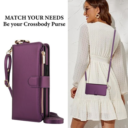 ELECTROPRIME For iPhone 15 Crossbody Ring Multifunctional Wallet Leather Phone Case(Dark Purple)