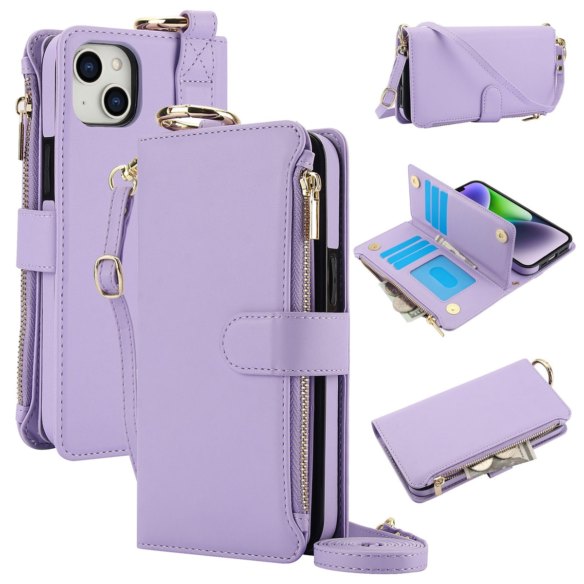 ELECTROPRIME For iPhone 15 Crossbody Ring Multifunctional Wallet Leather Phone Case(Purple)