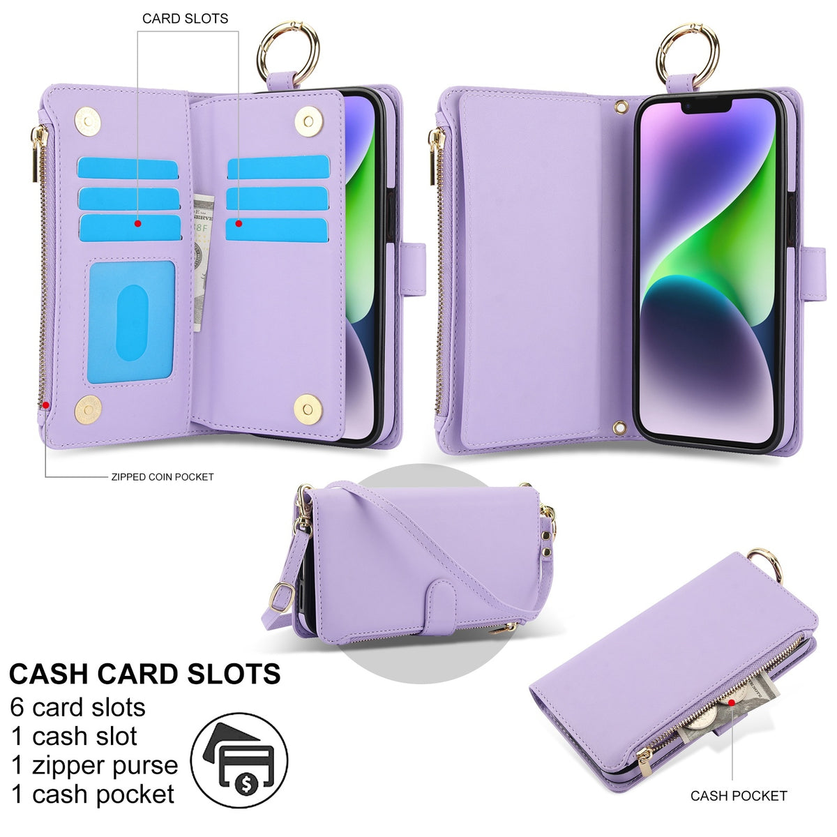 ELECTROPRIME For iPhone 15 Crossbody Ring Multifunctional Wallet Leather Phone Case(Purple)