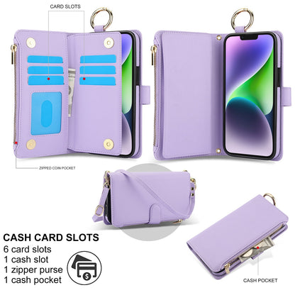 ELECTROPRIME For iPhone 15 Crossbody Ring Multifunctional Wallet Leather Phone Case(Purple)