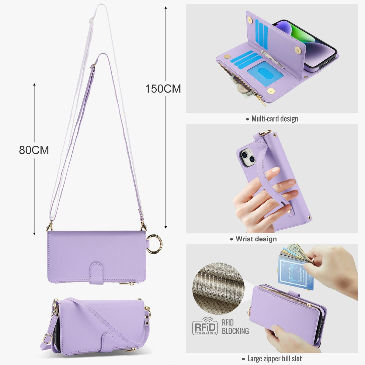 ELECTROPRIME For iPhone 15 Crossbody Ring Multifunctional Wallet Leather Phone Case(Purple)