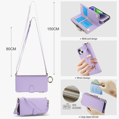 ELECTROPRIME For iPhone 15 Crossbody Ring Multifunctional Wallet Leather Phone Case(Purple)