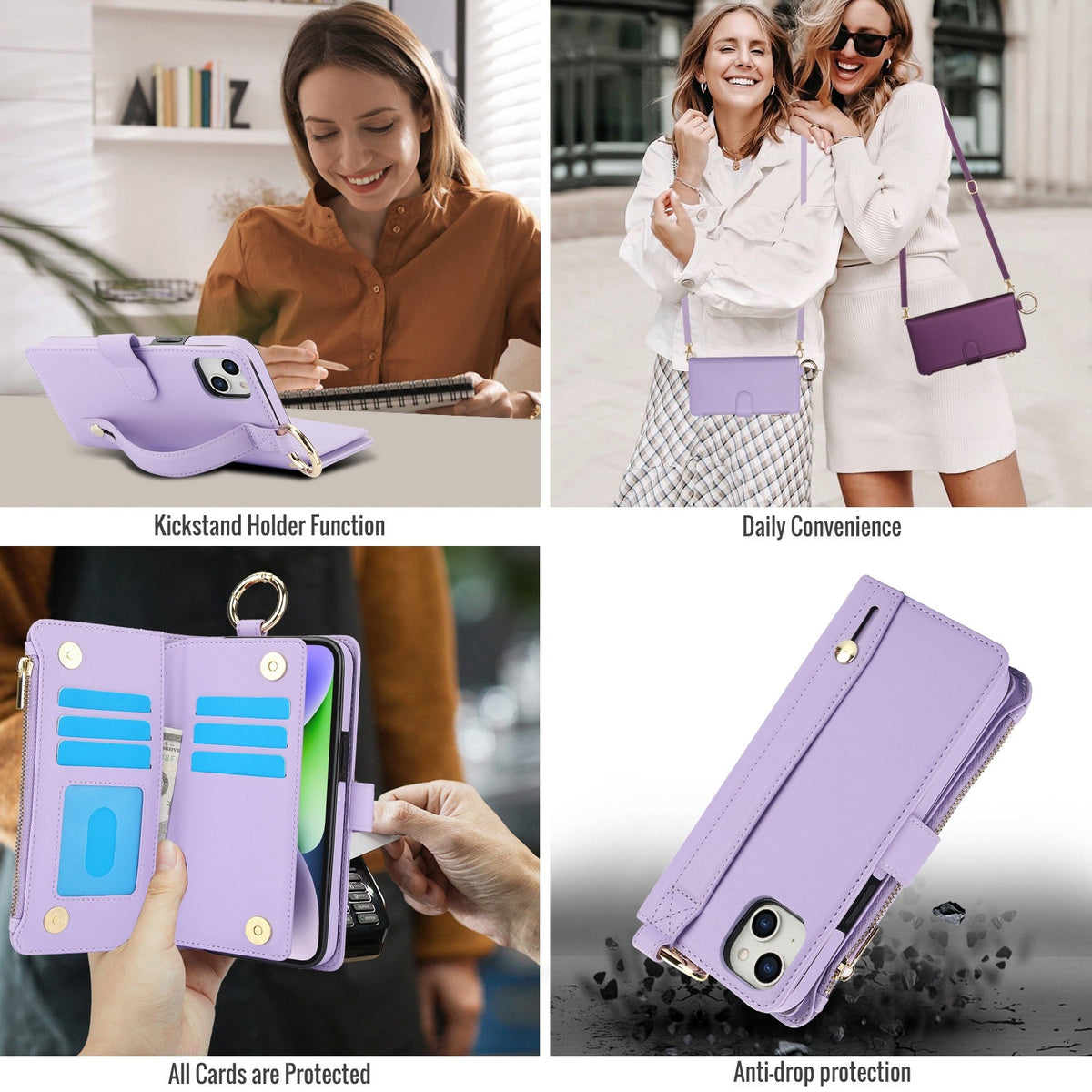 ELECTROPRIME For iPhone 15 Crossbody Ring Multifunctional Wallet Leather Phone Case(Purple)