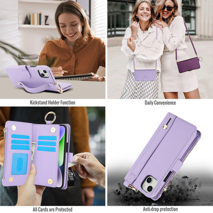 ELECTROPRIME For iPhone 15 Crossbody Ring Multifunctional Wallet Leather Phone Case(Purple)