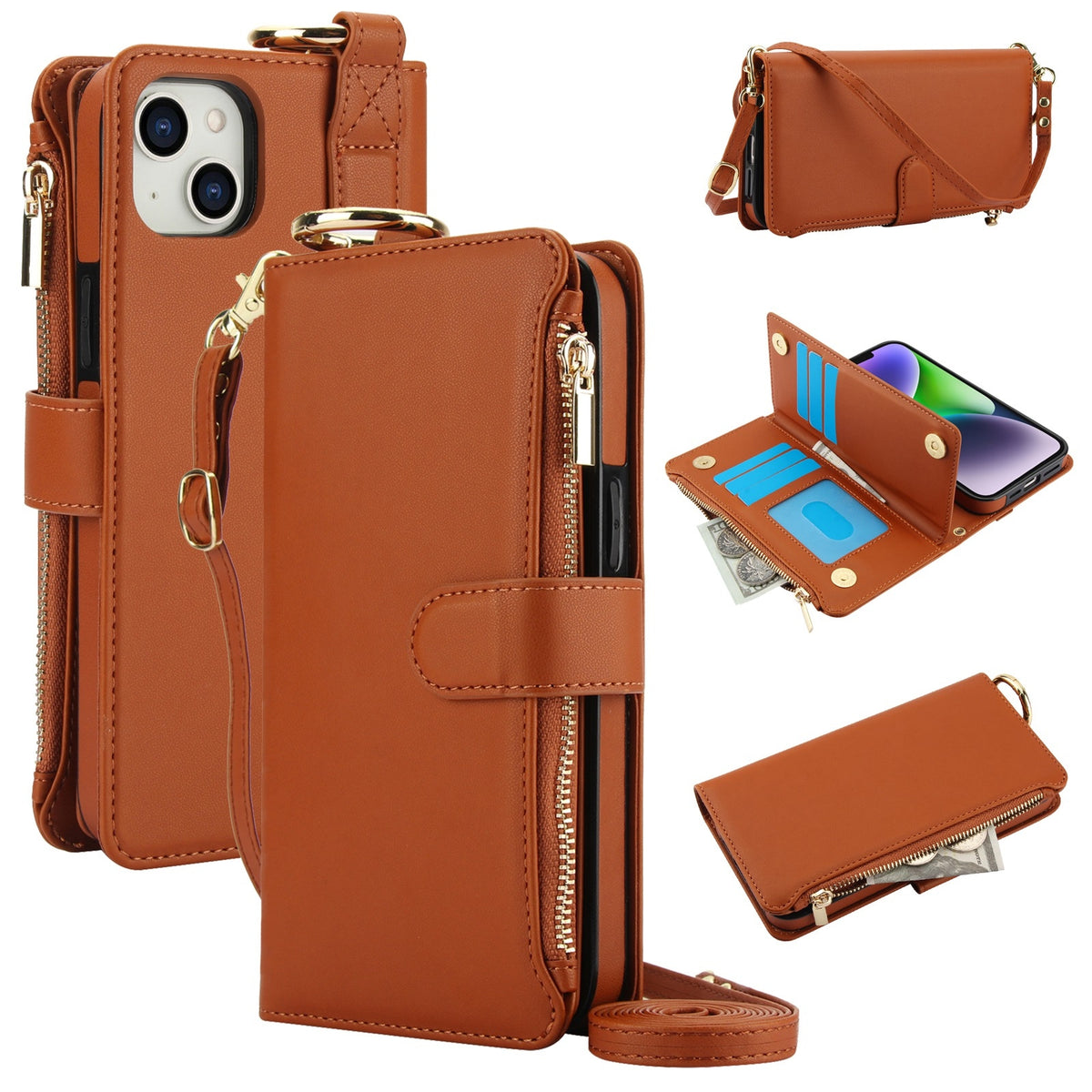 ELECTROPRIME For iPhone 15 Crossbody Ring Multifunctional Wallet Leather Phone Case(Brown)