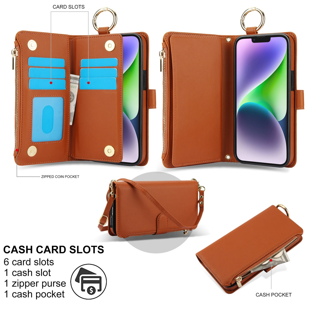 ELECTROPRIME For iPhone 15 Crossbody Ring Multifunctional Wallet Leather Phone Case(Brown)