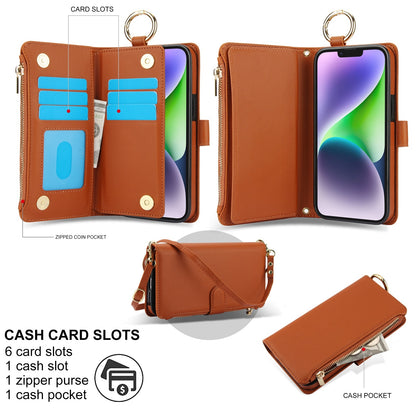 ELECTROPRIME For iPhone 15 Crossbody Ring Multifunctional Wallet Leather Phone Case(Brown)