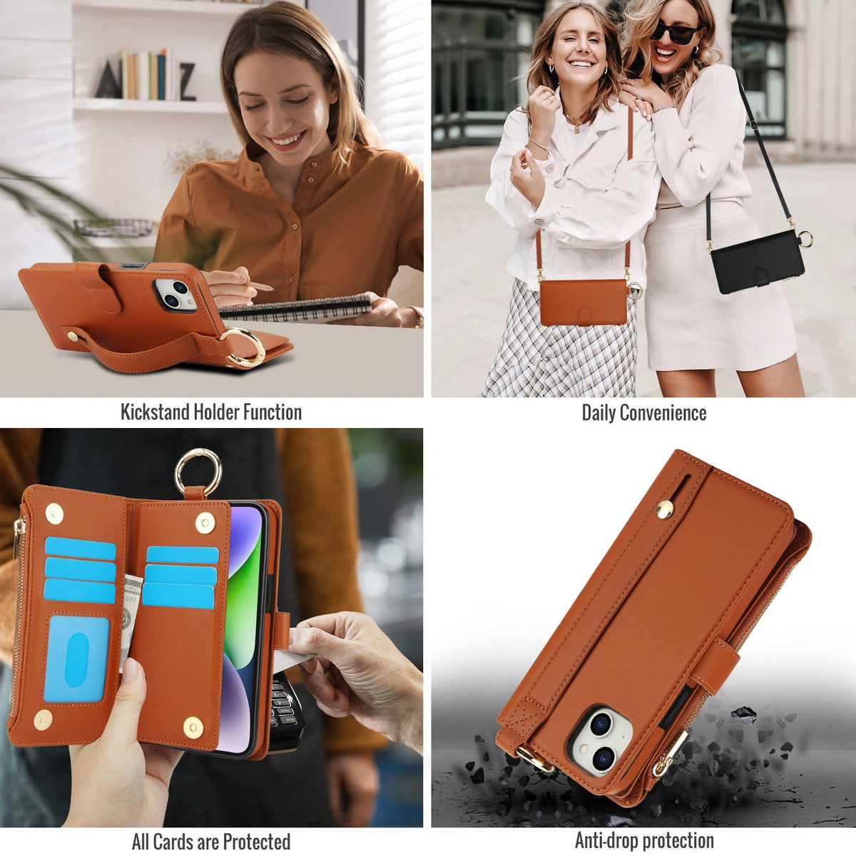 ELECTROPRIME For iPhone 15 Crossbody Ring Multifunctional Wallet Leather Phone Case(Brown)