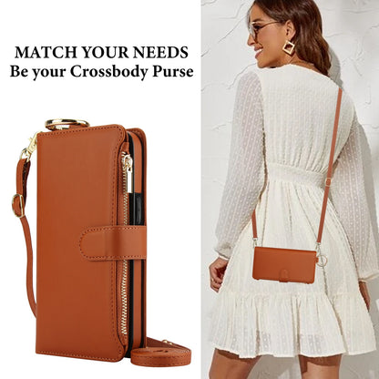 ELECTROPRIME For iPhone 15 Crossbody Ring Multifunctional Wallet Leather Phone Case(Brown)