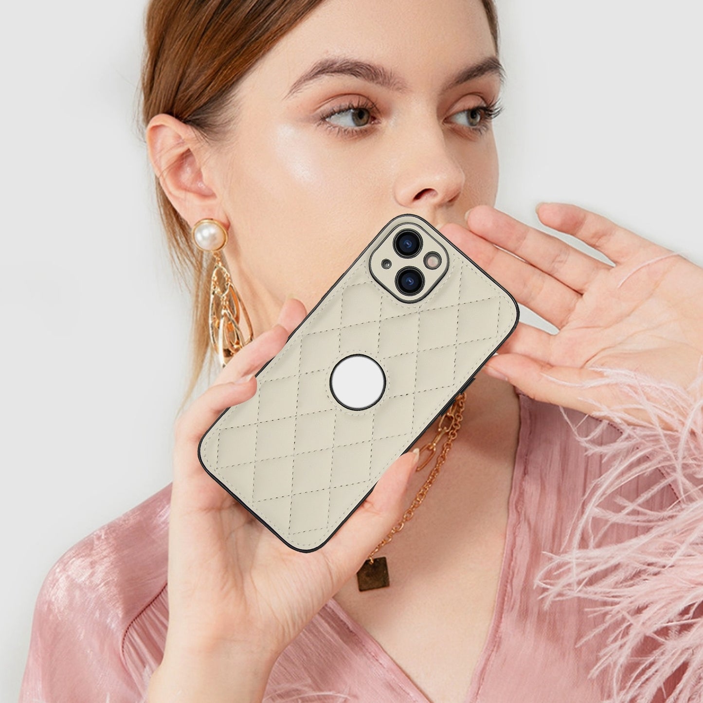 ELECTROPRIME For iPhone 15 Rhombic Leather Back Cover Phone Case(White)
