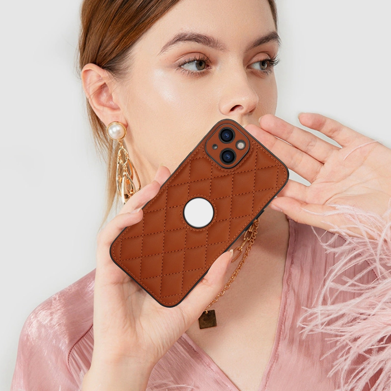 ELECTROPRIME For iPhone 15 Rhombic Leather Back Cover Phone Case(Brown)