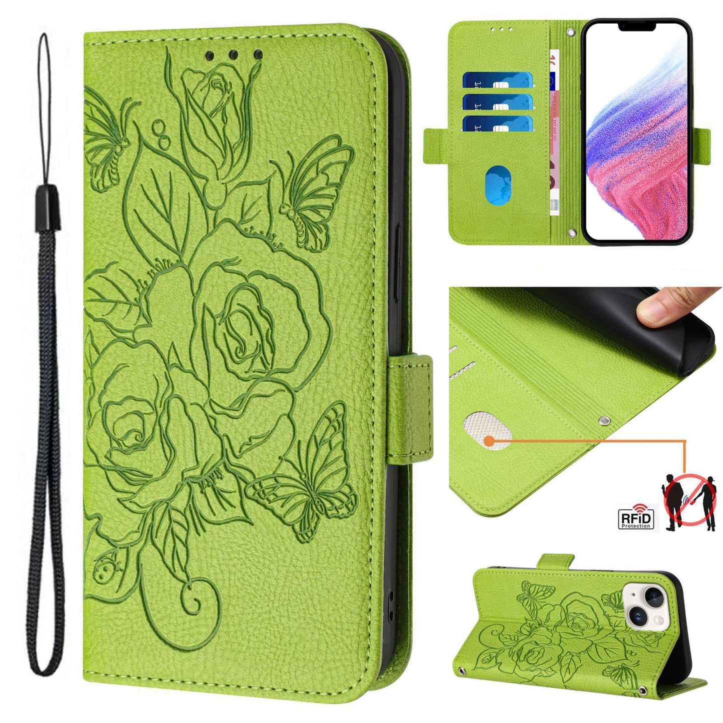 ELECTROPRIME For iPhone 15 Embossed Rose RFID Anti-theft Leather Phone Case(Green)