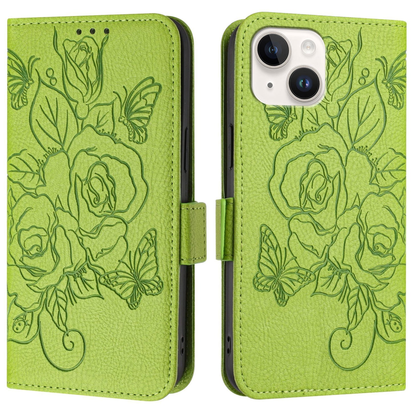 ELECTROPRIME For iPhone 15 Embossed Rose RFID Anti-theft Leather Phone Case(Green)