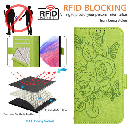 ELECTROPRIME For iPhone 15 Embossed Rose RFID Anti-theft Leather Phone Case(Green)