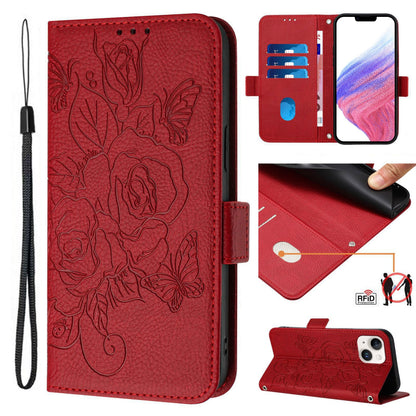 ELECTROPRIME For iPhone 15 Embossed Rose RFID Anti-theft Leather Phone Case(Red)