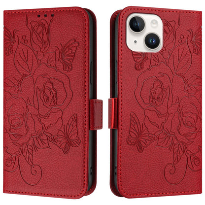 ELECTROPRIME For iPhone 15 Embossed Rose RFID Anti-theft Leather Phone Case(Red)