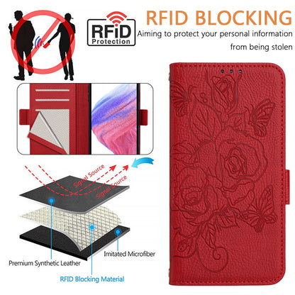 ELECTROPRIME For iPhone 15 Embossed Rose RFID Anti-theft Leather Phone Case(Red)