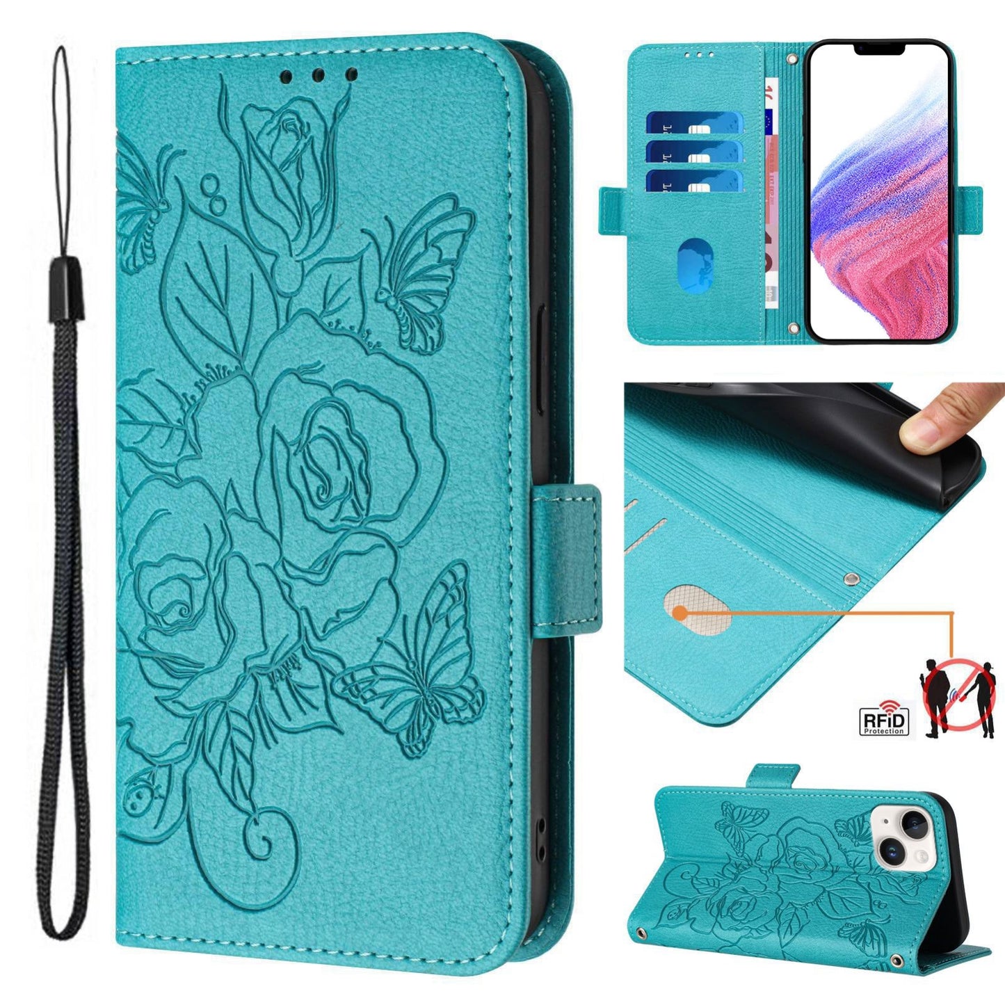 ELECTROPRIME For iPhone 15 Embossed Rose RFID Anti-theft Leather Phone Case(Light Blue)