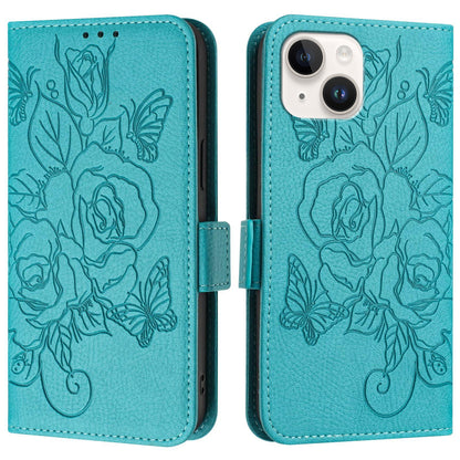 ELECTROPRIME For iPhone 15 Embossed Rose RFID Anti-theft Leather Phone Case(Light Blue)