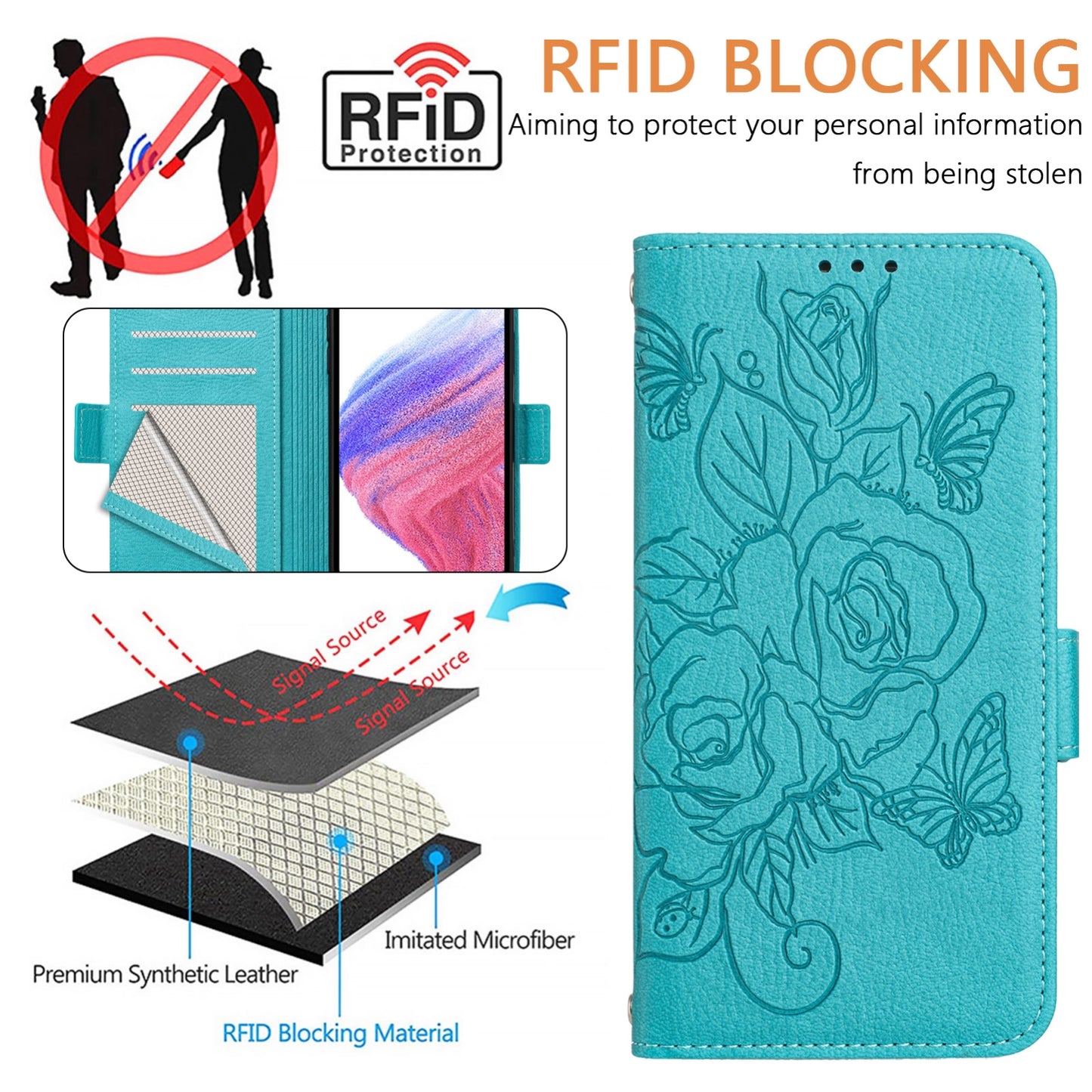 ELECTROPRIME For iPhone 15 Embossed Rose RFID Anti-theft Leather Phone Case(Light Blue)