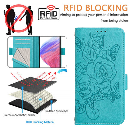 ELECTROPRIME For iPhone 15 Embossed Rose RFID Anti-theft Leather Phone Case(Light Blue)