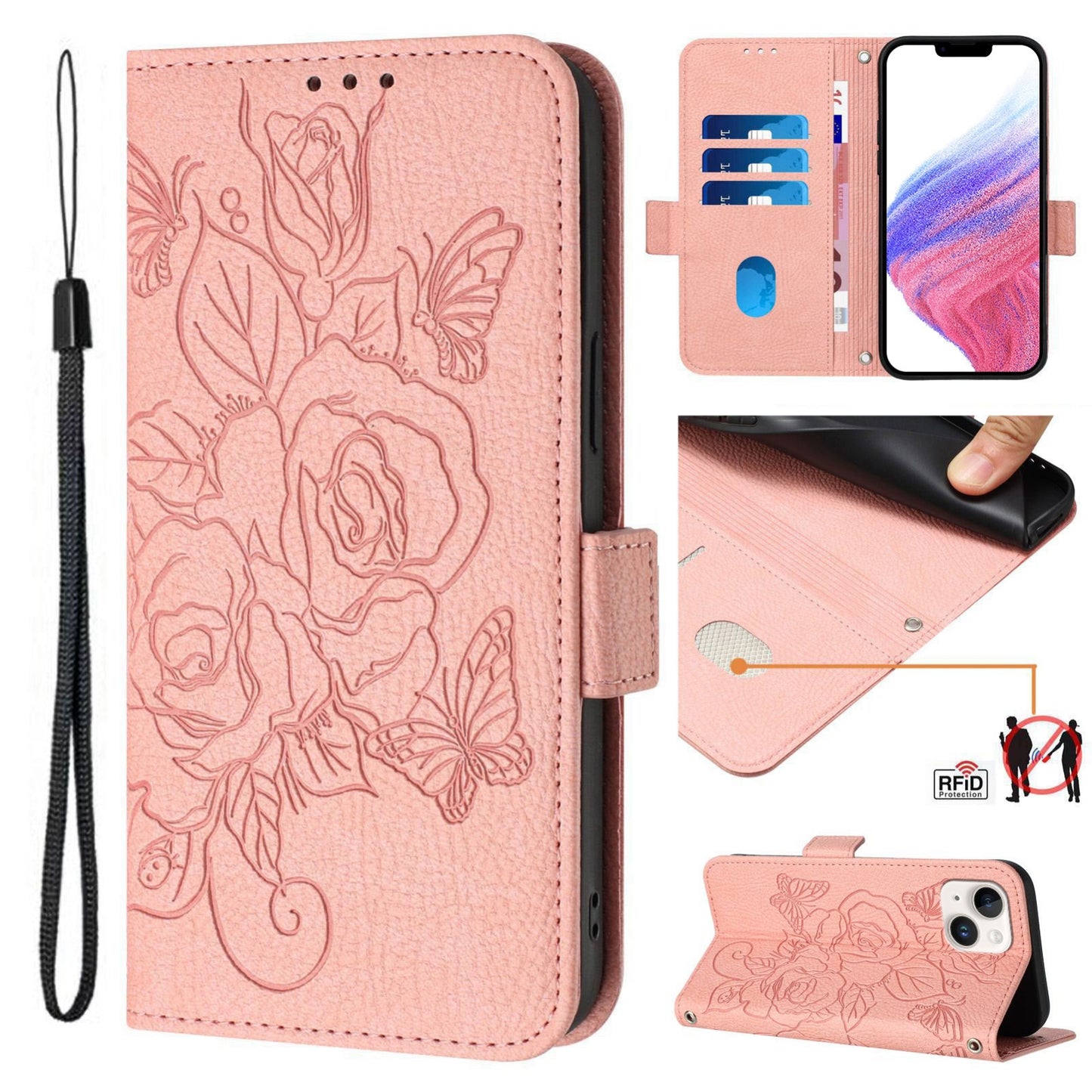 ELECTROPRIME For iPhone 15 Embossed Rose RFID Anti-theft Leather Phone Case(Pink)