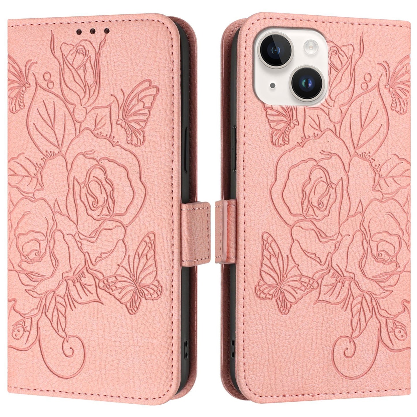 ELECTROPRIME For iPhone 15 Embossed Rose RFID Anti-theft Leather Phone Case(Pink)