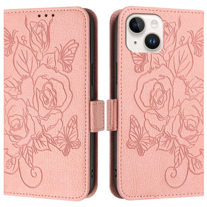 ELECTROPRIME For iPhone 15 Embossed Rose RFID Anti-theft Leather Phone Case(Pink)
