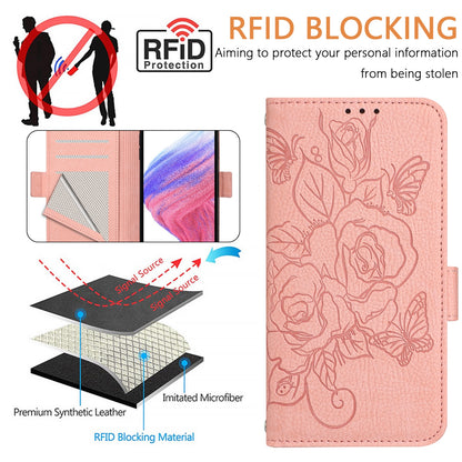 ELECTROPRIME For iPhone 15 Embossed Rose RFID Anti-theft Leather Phone Case(Pink)
