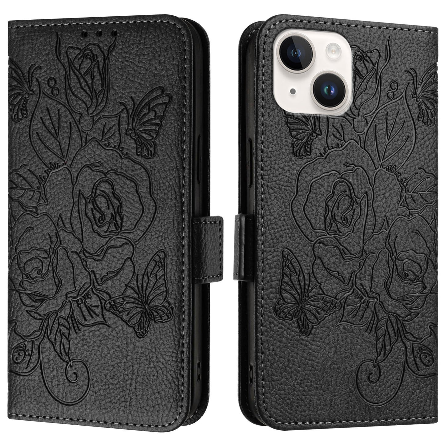 ELECTROPRIME For iPhone 15 Embossed Rose RFID Anti-theft Leather Phone Case(Black)