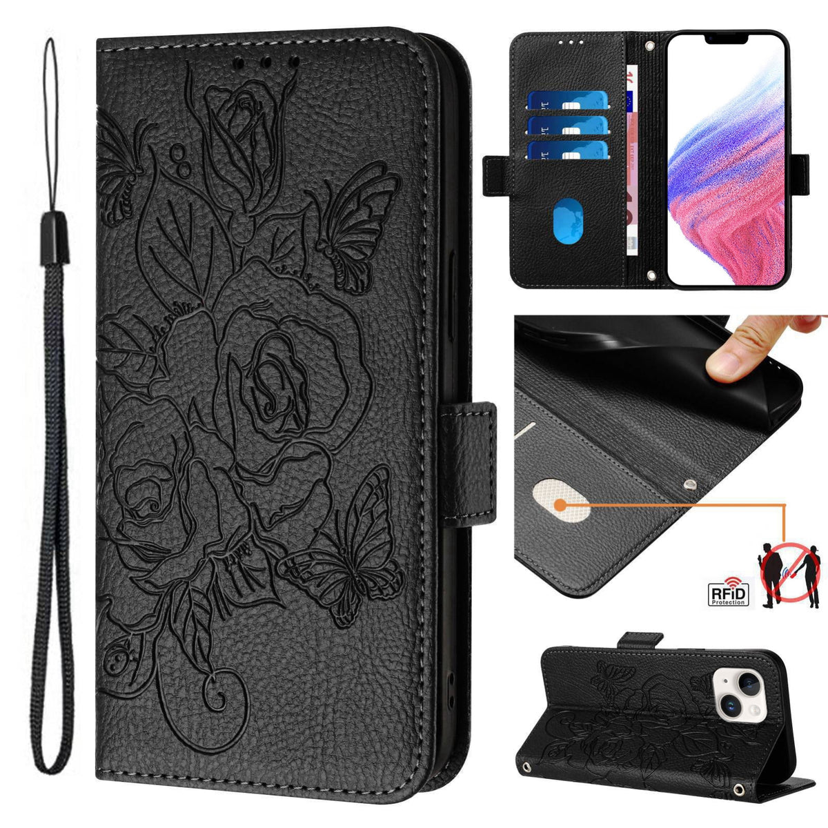 ELECTROPRIME For iPhone 15 Plus Embossed Rose RFID Anti-theft Leather Phone Case(Black)