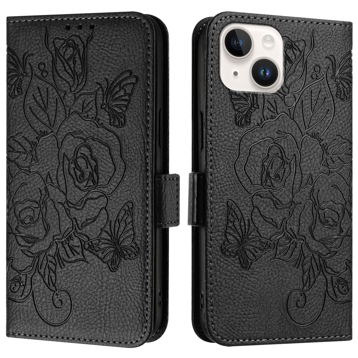 ELECTROPRIME For iPhone 15 Plus Embossed Rose RFID Anti-theft Leather Phone Case(Black)